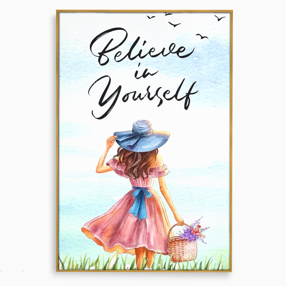 Tablou canvas cu ilustratie cu femeie si mesaj motivational, in rama de aluminiu auriu